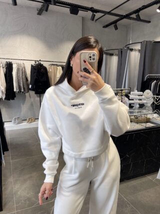 Ön Arka Nakış Detaylı Crop Kapüşonlu Sweatshirt