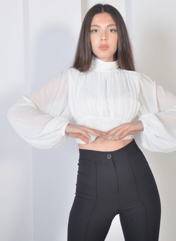Ekru Crop Saten Bluz - Görsel 2