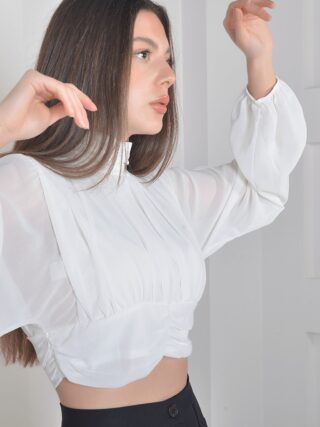 Ekru Crop Saten Bluz