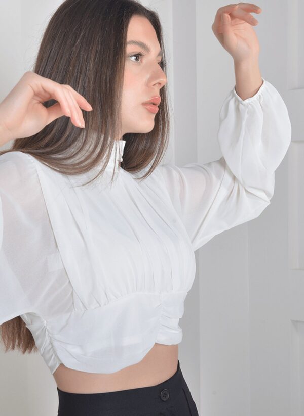 Ekru Crop Saten Bluz
