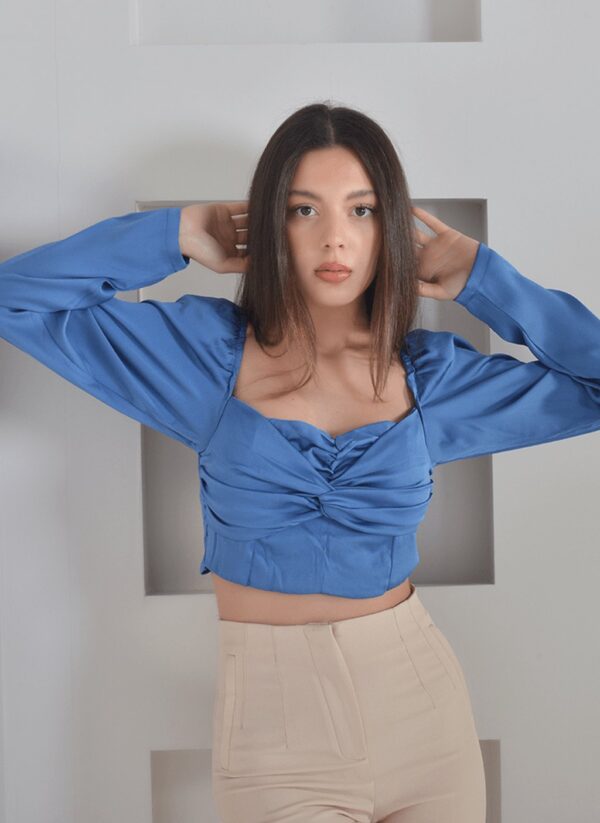 Kare Yaka Mavi Crop Bluz - Görsel 2
