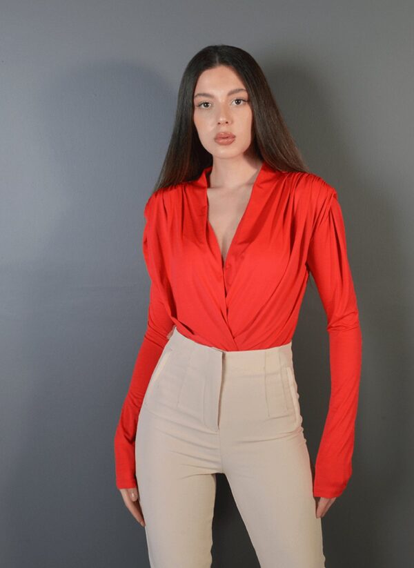 Kırmızı V Yaka Bodysuit - Görsel 3