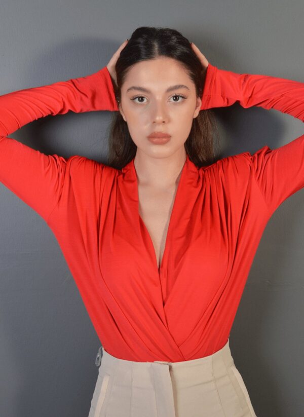 Kırmızı V Yaka Bodysuit - Görsel 2