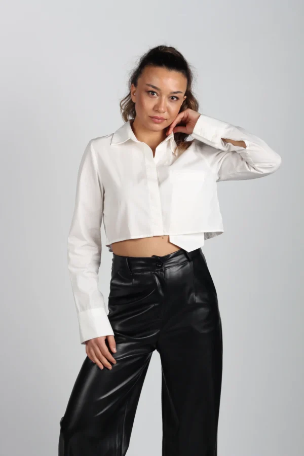 Cep Detaylı Crop Poplin Gömlek - Görsel 2
