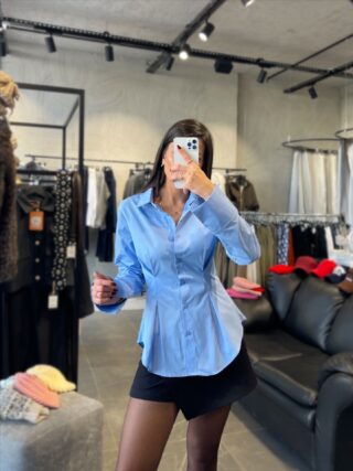 Belden Oturtmalı Poplin Gömlek Mavi