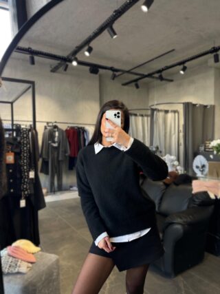 Yün İçerikli Bisiklet Yaka Kazak Siyah